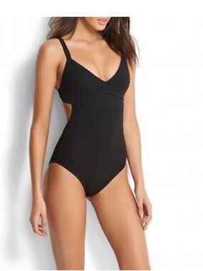Seafolly Inka Rib Maillot One Piece Swimsuit Black Ribbed NWT US Size 10